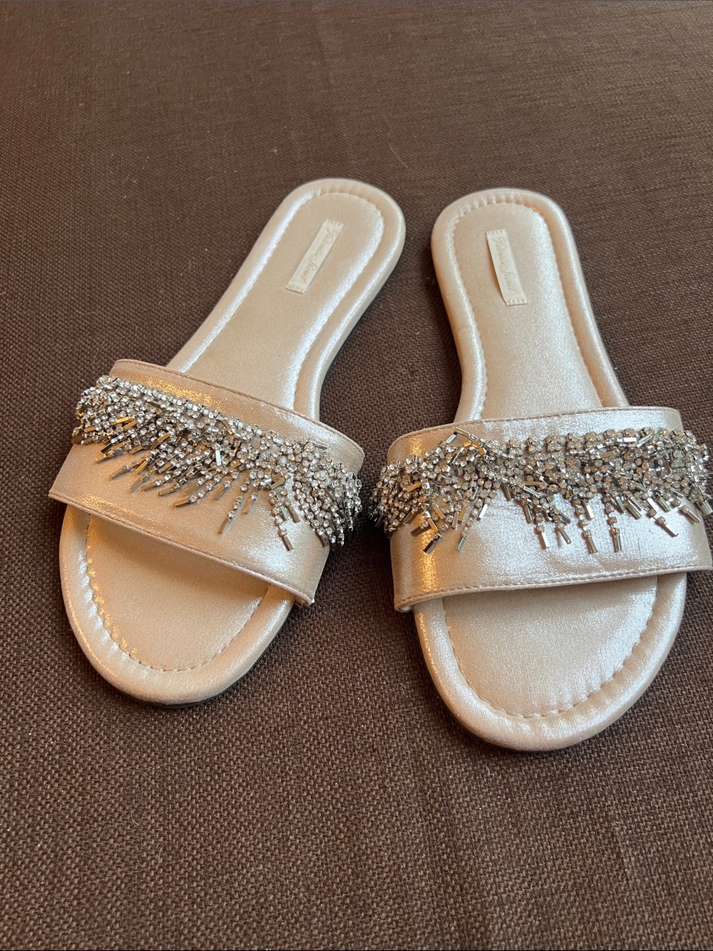 Victoria's Secret Metallic Champagne Slide Mules with Crystal Fringe
